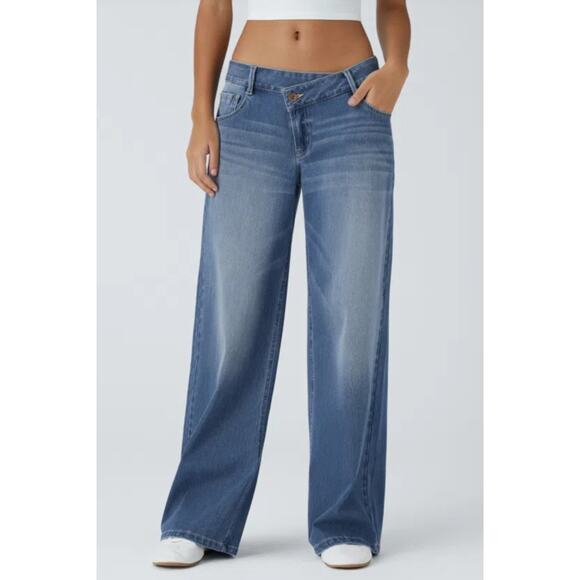 HALARA Denim - Halara Flex asymmetric wide leg jeans Size medium Stretch Boho Comfycore Casual